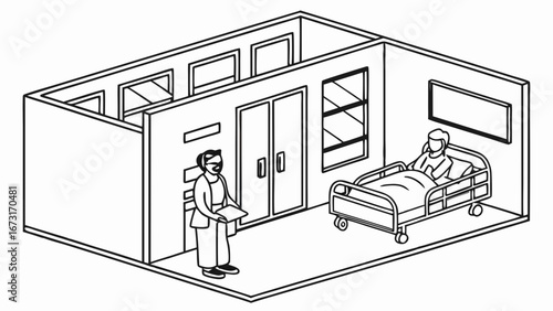 Isometric line art of hospital room with patient in bed and medical professional. Healthcare and medical care concept illustration.