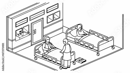 Healthcare Scene: Isometric Hospital Room with Patients and Nurse - Line Art Illustration