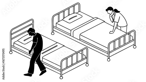 Patient walking from hospital bed, nurse attending another. Medical care, recovery, and healthcare ward illustration.