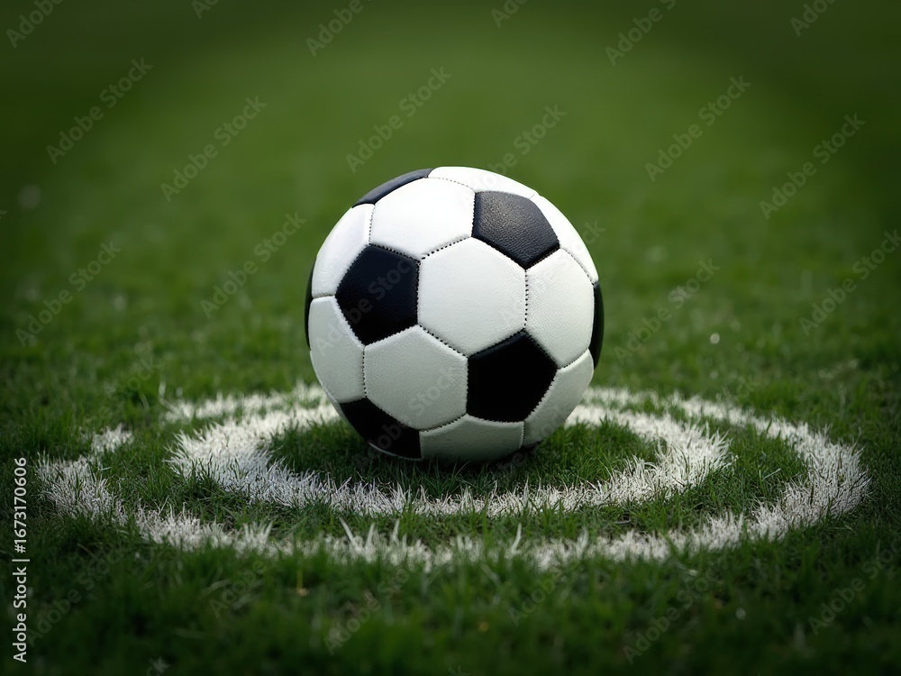 Fototapeta premium Black and white football resting on white kickoff circle marking on green grass pitch before game start 