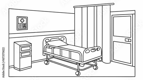 Empty Hospital Patient Room Line Art Illustration. Medical facility interior with bed, nightstand, and privacy curtain for healthcare concept.