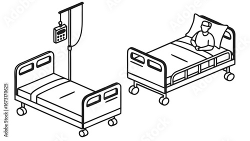 Isometric Hospital Beds with Patient and IV Drip Stand Line Art