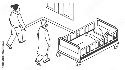 Healthcare Workers with Hospital Bed in Medical Room - Isometric Line Art