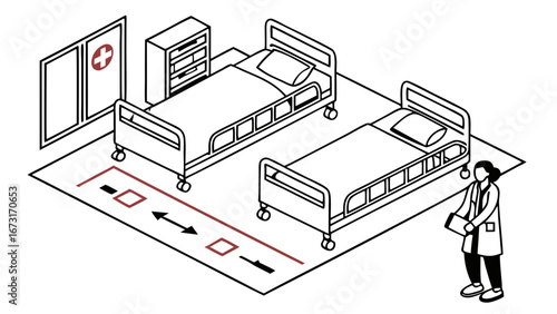 Isometric Hospital Room with Doctor and Patient Rehabilitation Path