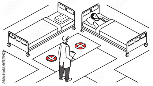 Isometric Illustration of Doctor, Patient, and Social Distancing in a Hospital Setting