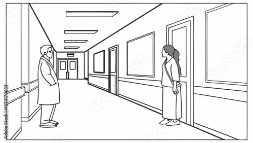 Medical staff talking to patient in clinic corridor line illustration
