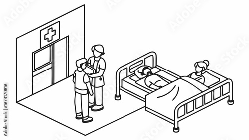 Isometric Line Art: Hospital Room with Patients, Doctor, and Nurse. Healthcare and Medical Care Illustration.