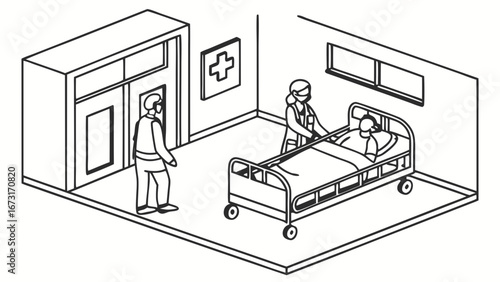 Isometric Hospital Room: Nurse & Patient Care Illustration