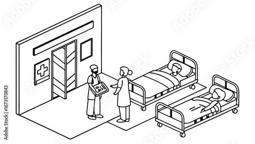 Isometric line art illustration of hospital ward with nurses attending to patients in beds, healthcare and medical care concept