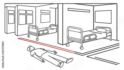 Healthcare Emergency: Person Collapsed on Hospital Floor in Line Art Illustration