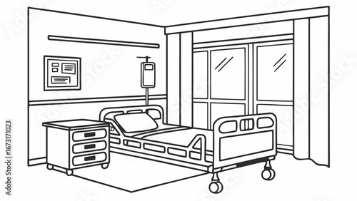 Empty Hospital Room Line Art Illustration with Hospital Bed, IV Pole, and Window for Medical Healthcare Concepts