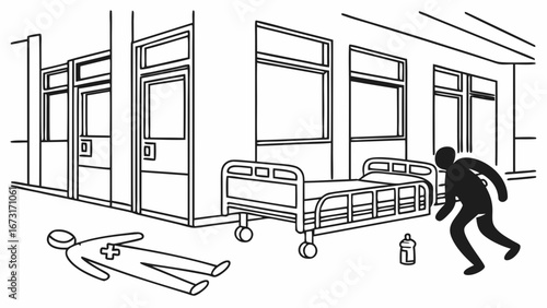 Hospital emergency scene with fallen person, running figure, and baby bottle. Medical crisis in hallway illustration.