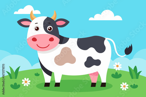 Cow and calf on a meadow pasture cartoon illustration