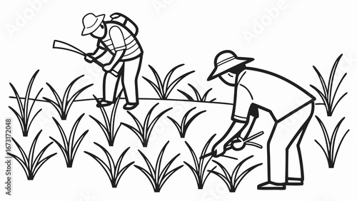 Farmers Cultivating Crops in Field with Manual Tools & Sprayer - Agricultural Labor Illustration