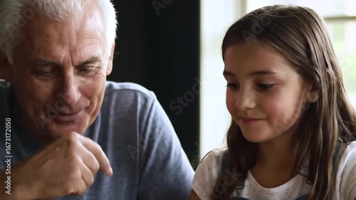 Senior man playing chess with his granddaughter