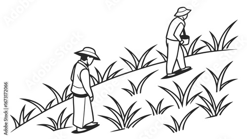 Rural Farmers Planting Crops on Sloped Field Illustration: Agricultural Work and Traditional Farming Scene