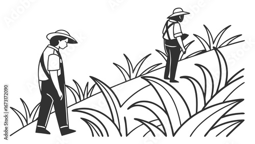 Agricultural Workers Tending Crops in Field - Black & White Line Art