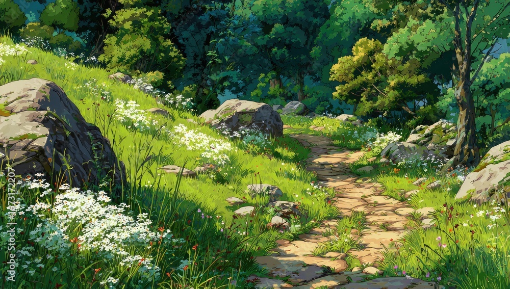 Fototapeta premium Sunny path through a meadow and forest