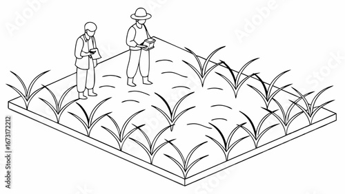 Farmers Tending Crops in Field - Isometric Line Art Illustration