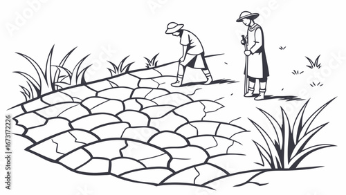 Farmers working dry, cracked land. Black and white illustration depicting agricultural challenges and drought conditions.