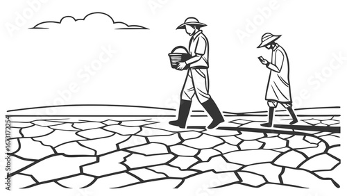 Farmers on cracked dry land, illustrating drought and agricultural hardship