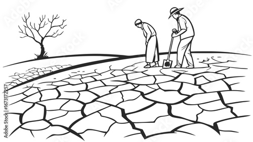 Illustration of people on cracked dry land, symbolizing drought, water scarcity, and environmental crisis with a dead tree