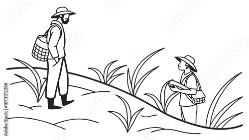 Farm workers tending crops on a sloped field, line art illustration of rural agriculture