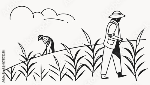 Farmers working in a field, cultivating crops, rural agriculture illustration