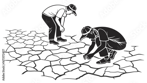 Two people inspecting dry, cracked earth. Drought, desertification, and environmental crisis. Climate change illustration.