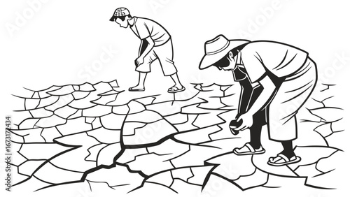 People examining dry cracked earth, symbolizing drought and desertification. Environmental crisis illustration.