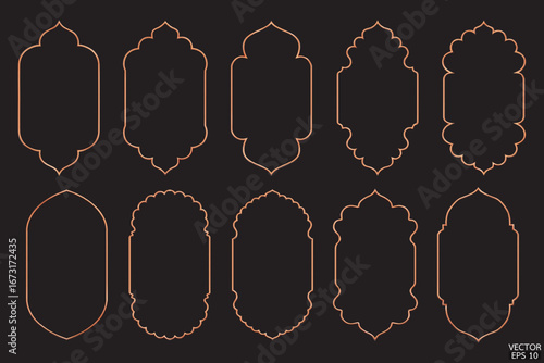 Simple copper arab arch geometric frames are isolated on black background. Luxury Rose Gold arabic islamic borders for invitations, templates, and decorative patterns. 3D vector illustration.