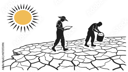 Silhouettes on Cracked Dry Earth Under Sun: Drought, Climate Change, and Environmental Crisis