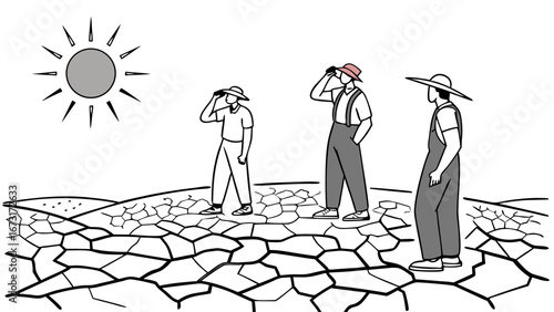 Drought concept: Men on cracked earth under scorching sun, searching for rain. Climate change, water scarcity, agricultural crisis.