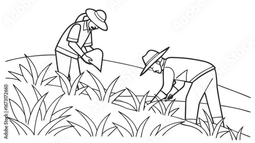 Two Farmers Working in Field Line Art Illustration