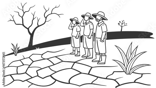 Farmers on drought-stricken land with cracked earth and dead tree, symbolizing climate change and environmental crisis