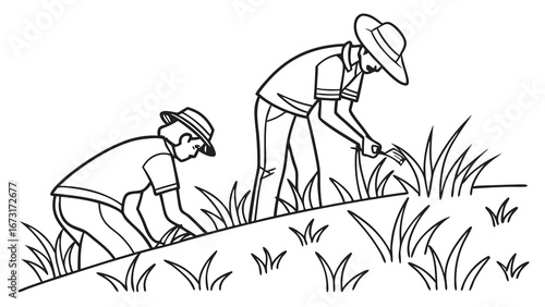 People Working in Field, Tending Plants - Line Art Farming Illustration