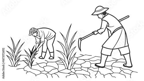 Farmers Tending Crops in Dry, Cracked Field - Agricultural Labor Line Art