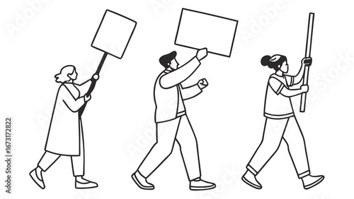 Activists marching with blank signs. Line art illustration of protest, demonstration, and social change.