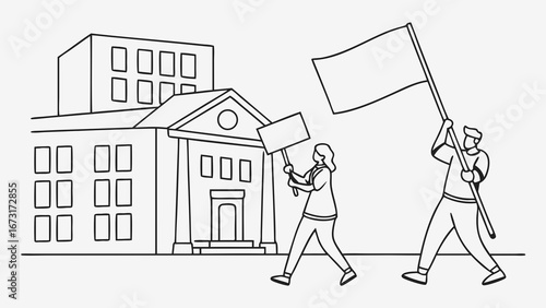Line Art Illustration of Protestors with Flag and Sign by Building