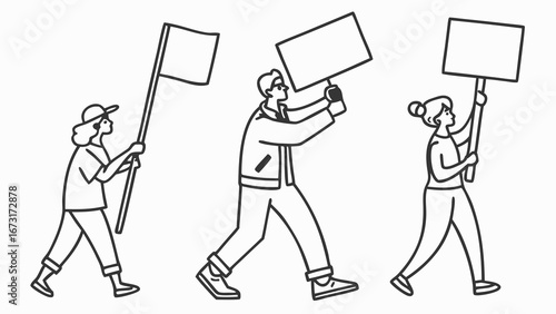 Protestors Marching with Blank Signs & Flag. Activism, Demonstration, Social Movement, Human Rights Concept Line Art.