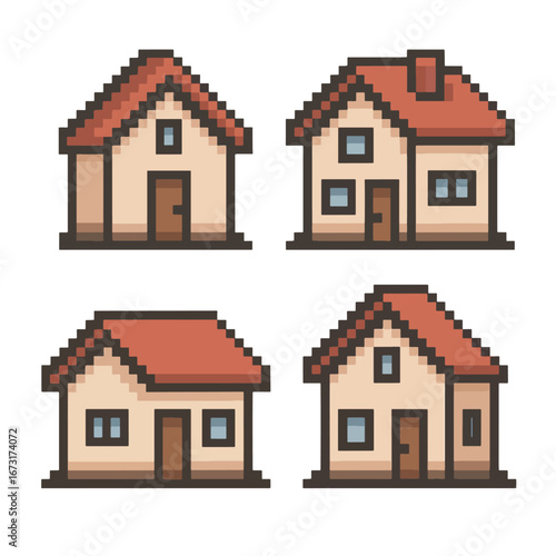 Cute Pixel Art Simple Houses Set for Game Development Element