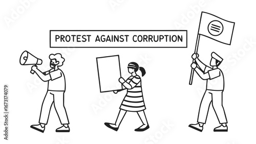 Anti-corruption protest line art illustration with people marching, holding a megaphone, sign, and flag