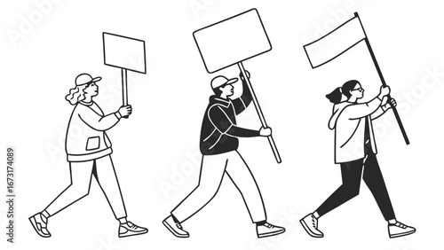 Protesting People Marching with Blank Signs & Flag. Activism Line Art Illustration