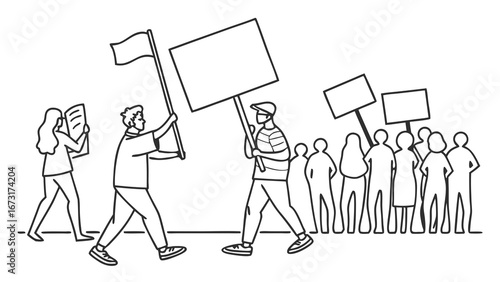 People protesting with blank signs and flag. Line art illustration of activists marching for social change and human rights.