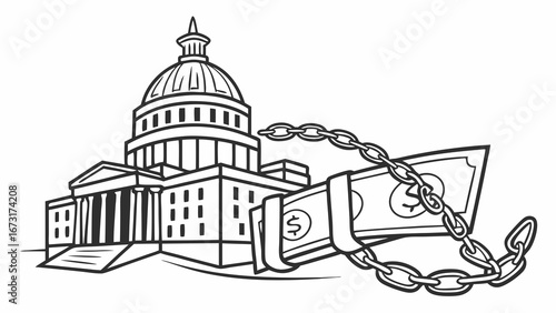 Political Lobbying: Government Building Chained by Money Illustration