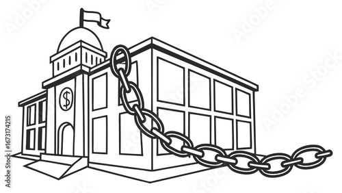 Government or Financial Building Wrapped in Chains, Symbolizing Debt and Control