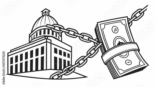 Government Building Chained to Money Stack - Political Influence & Corruption Concept Illustration