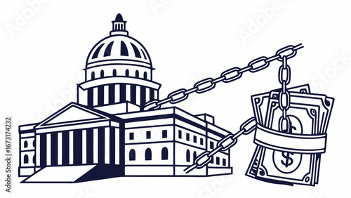 Government building chained to money, symbolizing financial influence and political corruption