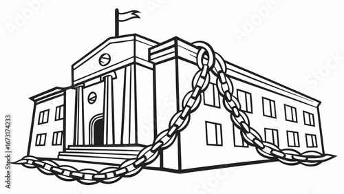 Chained Public Building Illustration: Concept of Restriction, Control, Law, Justice, or Bureaucracy