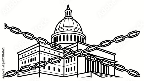 Chained Capitol Building: Symbolizing political restriction, government control, or democracy under threat. Black and white vector illustration.
